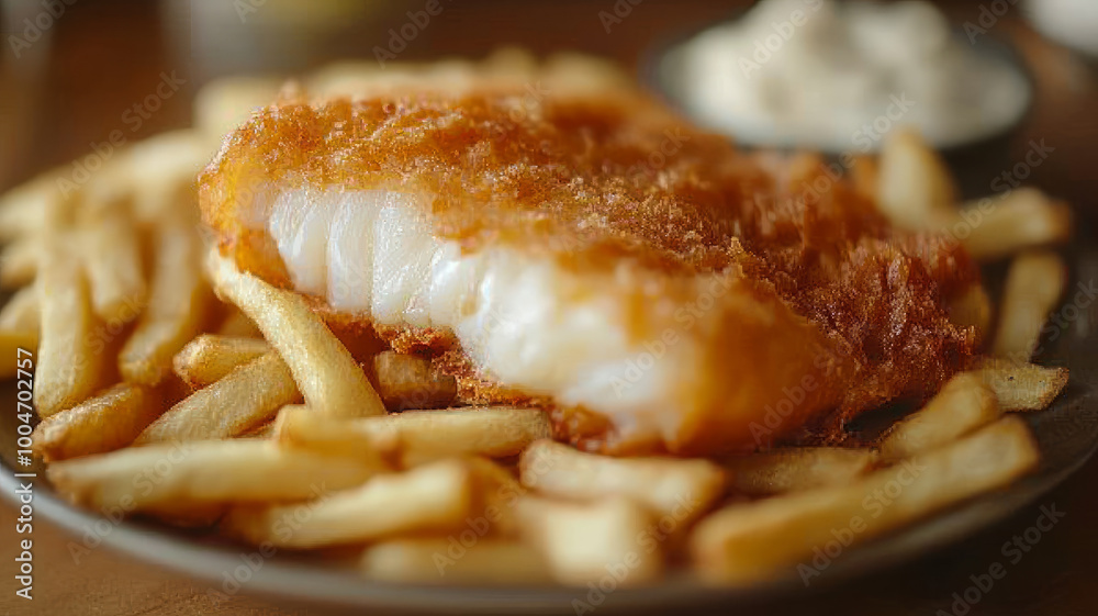 Crispy fried fish fillet with golden french fries on a plate Crispy fried fish fillet with golden french fries on a plate