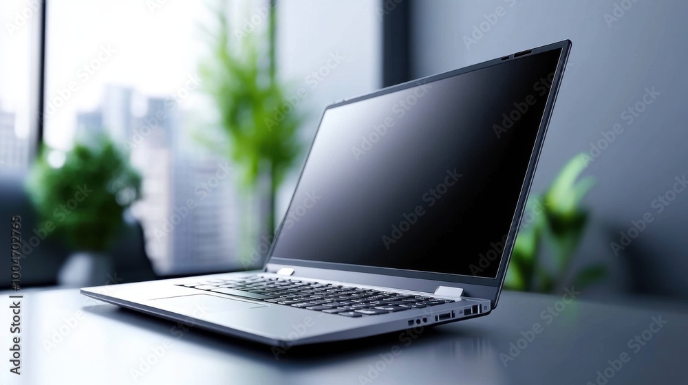 Modern Laptop on Desk in Bright Office Space Modern Laptop on Desk in Bright Office Space