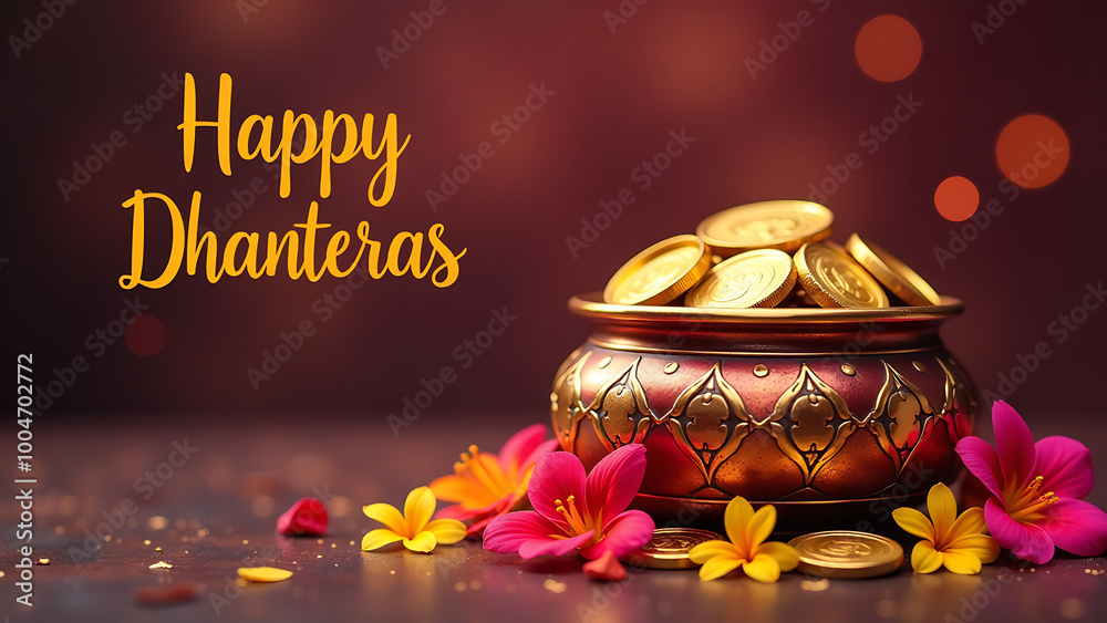 happy dhanteras text with pot kalash of gild coins and flowers, shubh