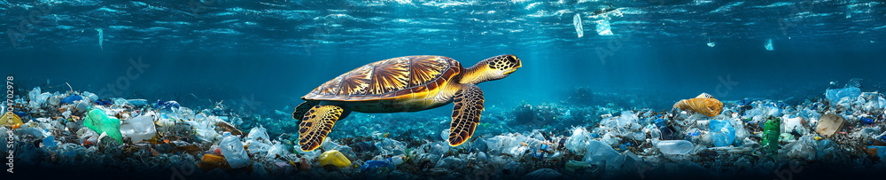 Fototapeta premium Sea turtle swimming through plastic waste in the ocean
