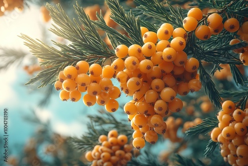 A bunch of orange berries hanging from a tree photo