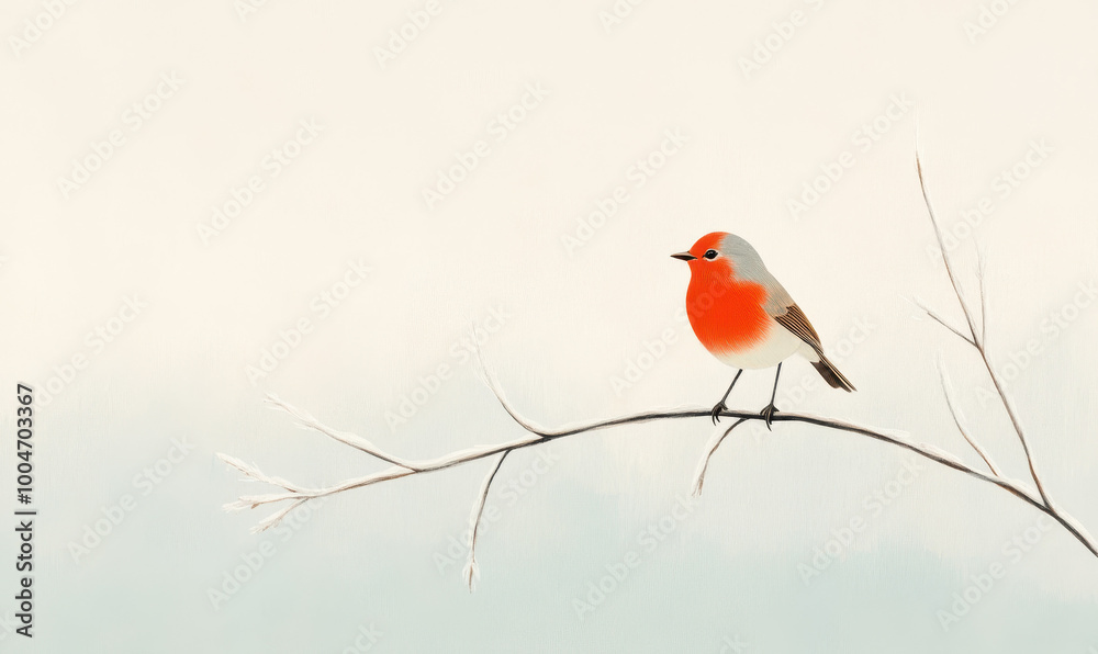 Elegant Robin Perched on a Bare Branch in Serene Minimalistic Background Elegant Robin Perched on a Bare Branch in Serene Minimalistic Background