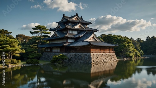 Majestic Japanese castle surrounded by tranquil gardens and a moat.