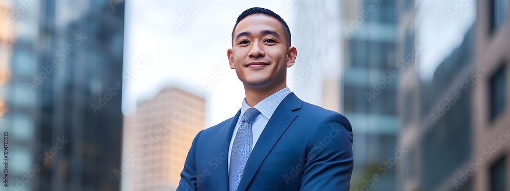 A professional photograph of an Asian man in his late thirties, wearing a navy blue suit and tie with his hands on his hips, standing against the backdrop of modern office buildings A professional photograph of an Asian man in his late thirties, wearing a navy blue suit and tie with his hands on his hips, standing against the backdrop of modern office buildings