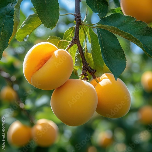 Close-Up of Ripe Apricot on Tree Branch, Vibrant Green Leaves, Summer Sunshine, Organic Garden, Macro Detail of Fresh Golden-Yellow Fruit, Serene Nature, Agriculture, Sunny Fruit Farm Scene photo