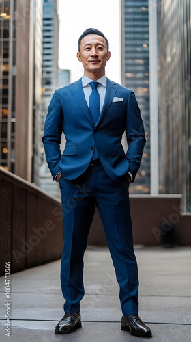 A professional photograph of an Asian man in his late thirties, wearing a navy blue suit and tie with his hands on his hips, standing against the backdrop of modern office buildings