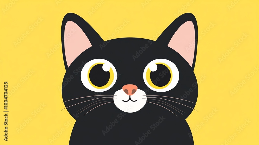 A cute cartoon black cat with big, round eyes looks directly at the viewer with a friendly expression. A cute cartoon black cat with big, round eyes looks directly at the viewer with a friendly expression.