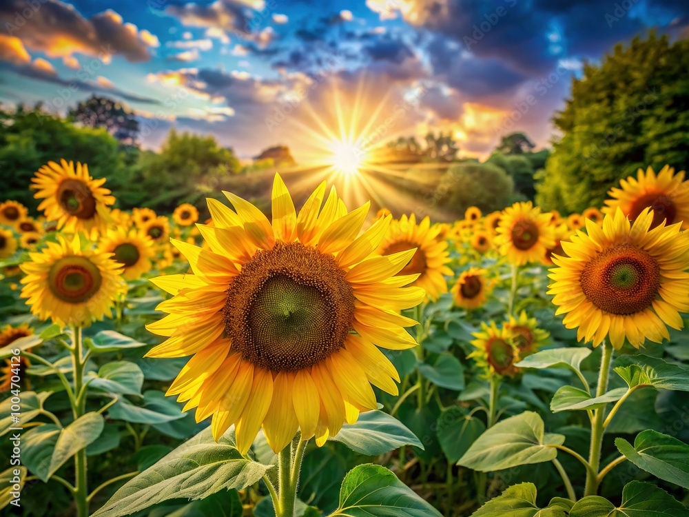 Fototapeta premium Vibrant sunflowers and lush greenery surround a warm, golden glow, evoking feelings of happiness, relaxation, and radiant, healthy beauty on a serene summer day.