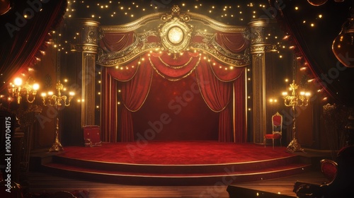 An ornate stage with red velvet curtains and golden accents, perfect for a grand performance or celebration.