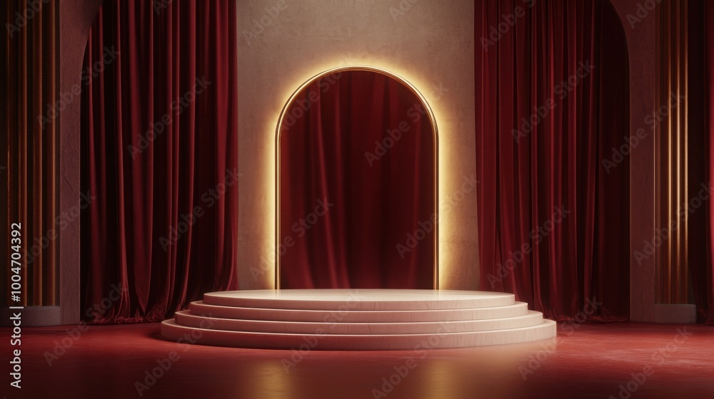 A circular podium with three tiers sits in front of a glowing archway, framed by rich red velvet curtains. A circular podium with three tiers sits in front of a glowing archway, framed by rich red velvet curtains.