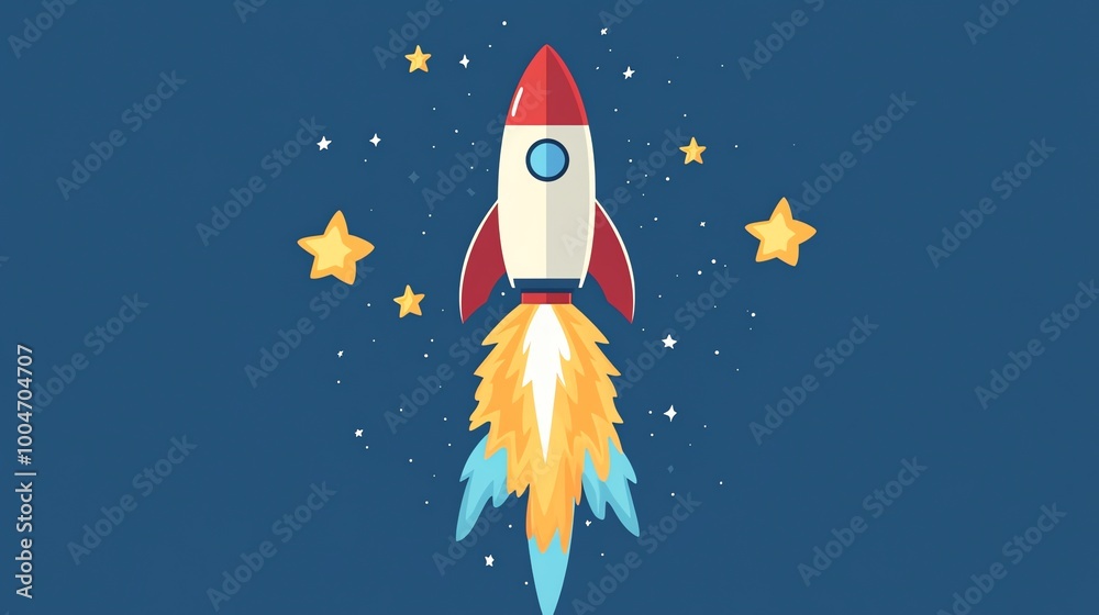 A rocket ship blasts off into space surrounded by stars. A rocket ship blasts off into space surrounded by stars.