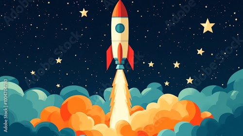 A red and white rocket blasts off into the starry night sky.