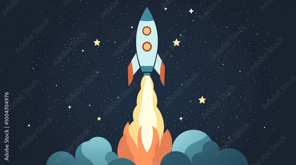 A cartoon rocket blasts off into space leaving a trail of fire. A cartoon rocket blasts off into space leaving a trail of fire.