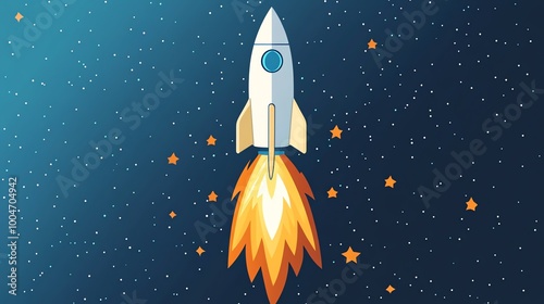 A white rocket with a blue window launches into space, surrounded by stars.