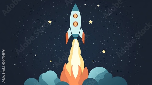 A cartoon rocket blasts off into space leaving a trail of fire.