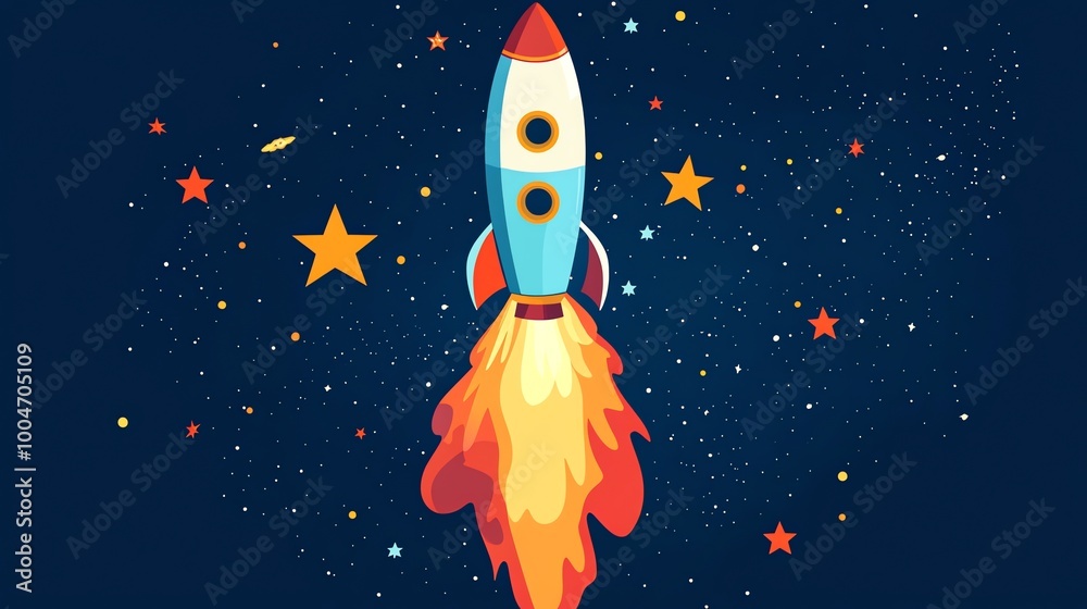 A cartoon rocket ship blasts off into space, leaving a trail of fire behind it. A cartoon rocket ship blasts off into space, leaving a trail of fire behind it.