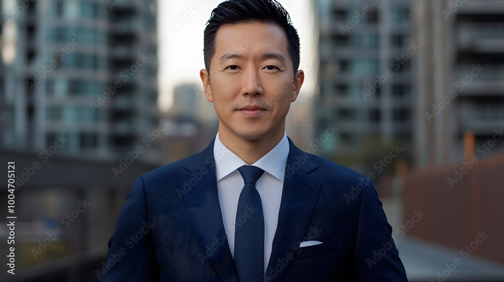 A professional photograph of an Asian man in his late thirties, wearing a navy blue suit and tie with his hands on his hips, standing against the backdrop of modern office buildings A professional photograph of an Asian man in his late thirties, wearing a navy blue suit and tie with his hands on his hips, standing against the backdrop of modern office buildings
