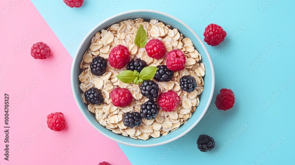 Oatmeal in a ceramic dish, with scattered berries and a contrasting neon blue and pink backdrop