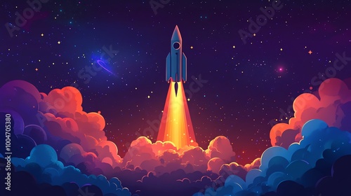 A rocket ship launches into space with a fiery trail leaving a trail of smoke.