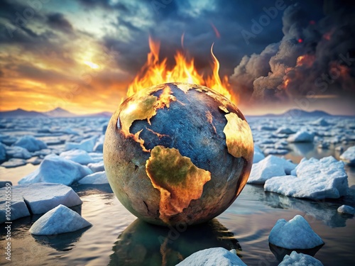 A cracked and charred clay model of the Earth smolders with flames, surrounded by melting icebergs, conveying the devastating impact of global warming on our planet.