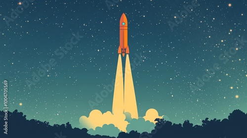 A rocket ship launches into a starry night sky.