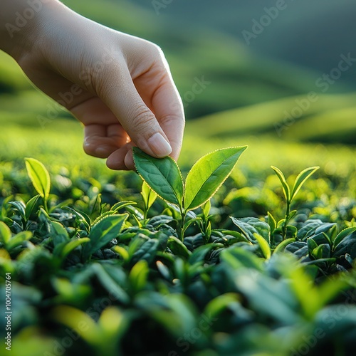  Female Trader Checking Fresh Green Tea Leaves in Asian Tea Plantation. farmer is collecting green tea leaves at doi chiang rai Thailand photo