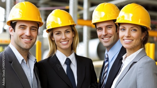 Four diverse professionals in business attire and yellow safety helmets stand proudly at a construction site, showcasing unity and the importance of safety in their work