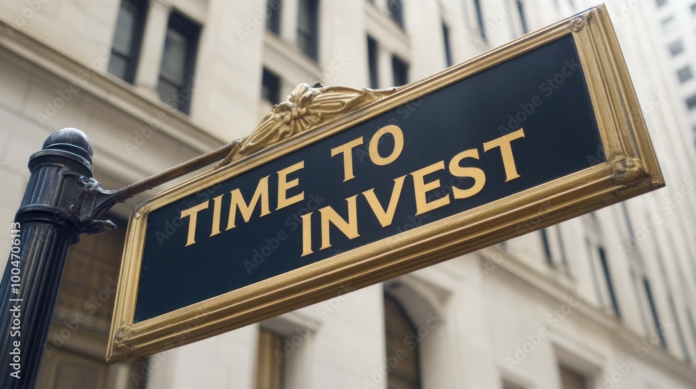Obraz premium A golden sign reading Time to Invest is prominently displayed on a street in a bustling financial district