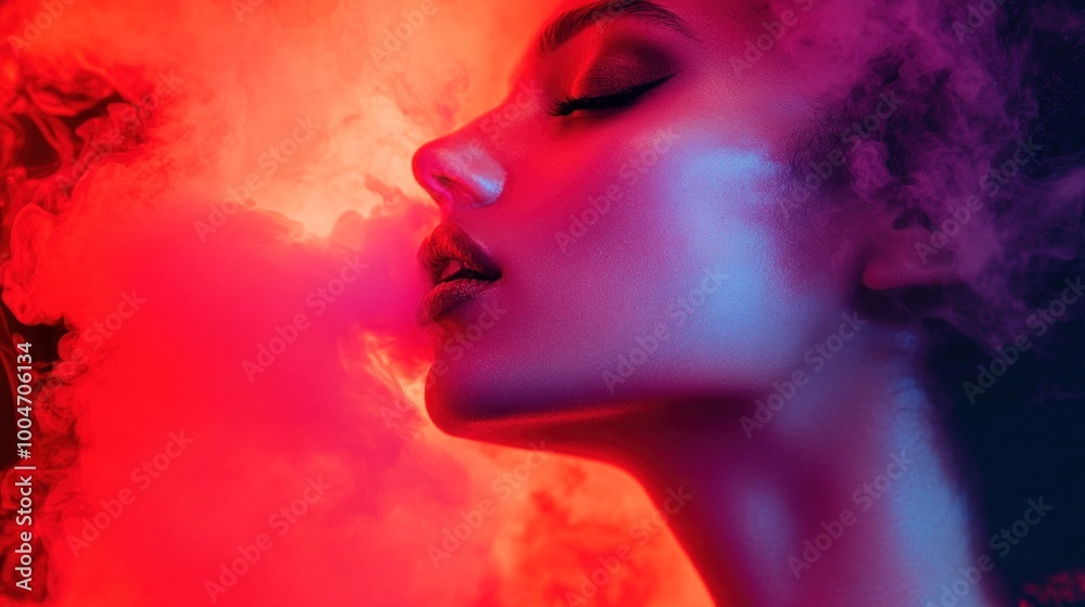 A woman poses with her eyes closed, surrounded by vibrant pink and blue smoke, creating an artistic and atmospheric effect during a creative portrait session A woman poses with her eyes closed, surrounded by vibrant pink and blue smoke, creating an artistic and atmospheric effect during a creative portrait session