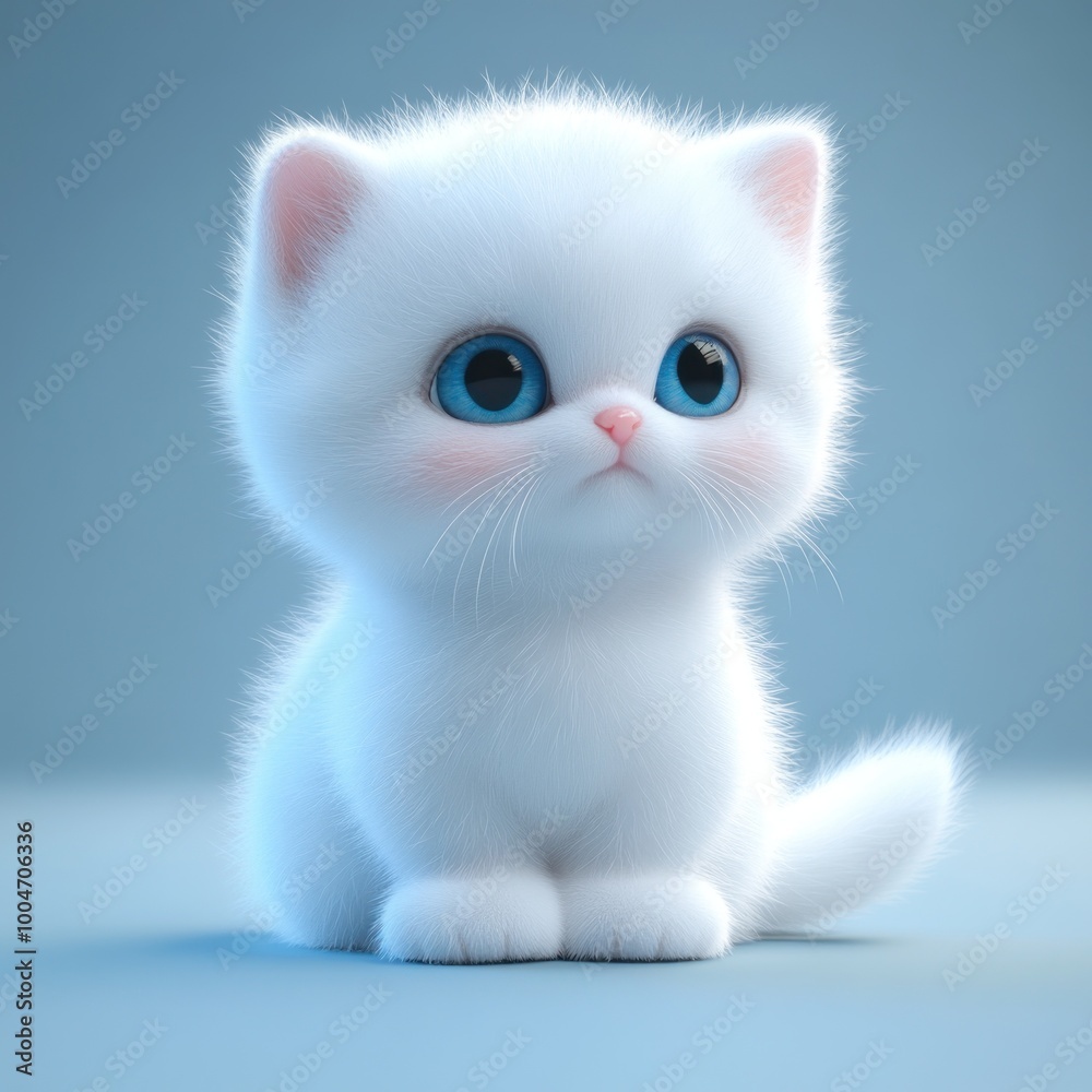 A small, fluffy white kitten sits with captivating blue eyes in a serene blue environment, looking curious and playful A small, fluffy white kitten sits with captivating blue eyes in a serene blue environment, looking curious and playful