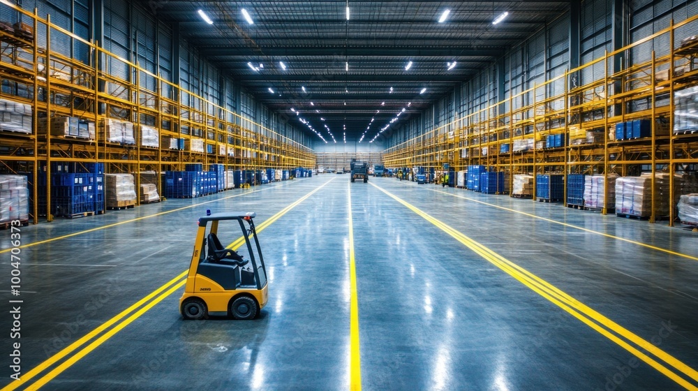 The warehouse boasts wide, clean aisles and high shelves filled with various items. Forklifts are strategically positioned, illustrating a busy logistics environment during the day The warehouse boasts wide, clean aisles and high shelves filled with various items. Forklifts are strategically positioned, illustrating a busy logistics environment during the day