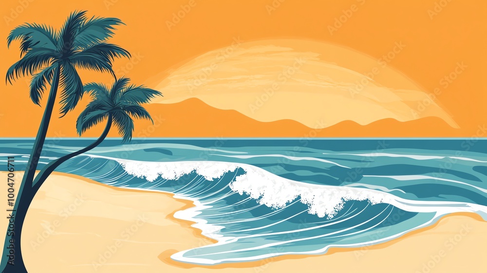 Obraz premium Two palm trees on a tropical beach at sunset with waves crashing on the shore.