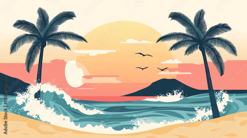 A stylized beach scene with palm trees, waves crashing on the shore, and a sunset sky. A stylized beach scene with palm trees, waves crashing on the shore, and a sunset sky.