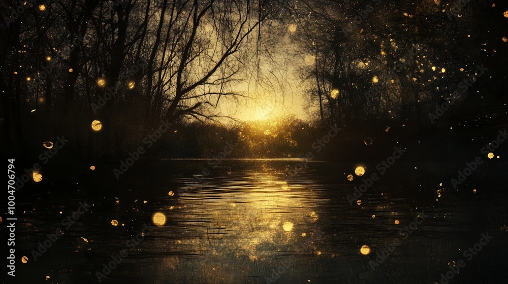 Twilight over a serene river with golden reflections and gentle ripples surrounded by silhouetted trees Twilight over a serene river with golden reflections and gentle ripples surrounded by silhouetted trees