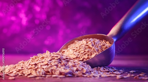 Raw oatmeal in a silver scoop, placed on a rustic wooden table with a contrasting neon purple backdrop photo