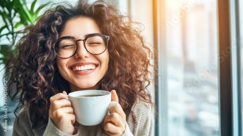 Wallpaper Mural A young woman with curly hair smiles brightly as she holds a steaming cup of coffee in her hands. She sits by a window with sunlight streaming in, creating a warm atmosphere Torontodigital.ca
