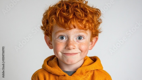 A cheerful boy with curly red hair and freckles is smiling happily, capturing a moment of pure joy indoors