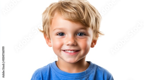 A young boy with light brown hair beams joyfully, showcasing a bright smile and playful demeanor