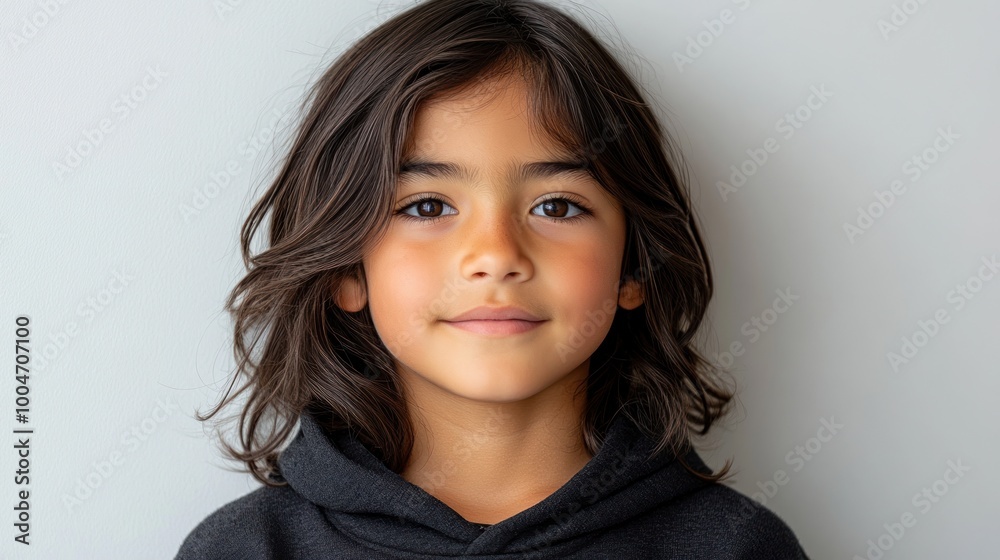 A cheerful child with long hair smiles while wearing a hoodie in a well-lit indoor setting A cheerful child with long hair smiles while wearing a hoodie in a well-lit indoor setting