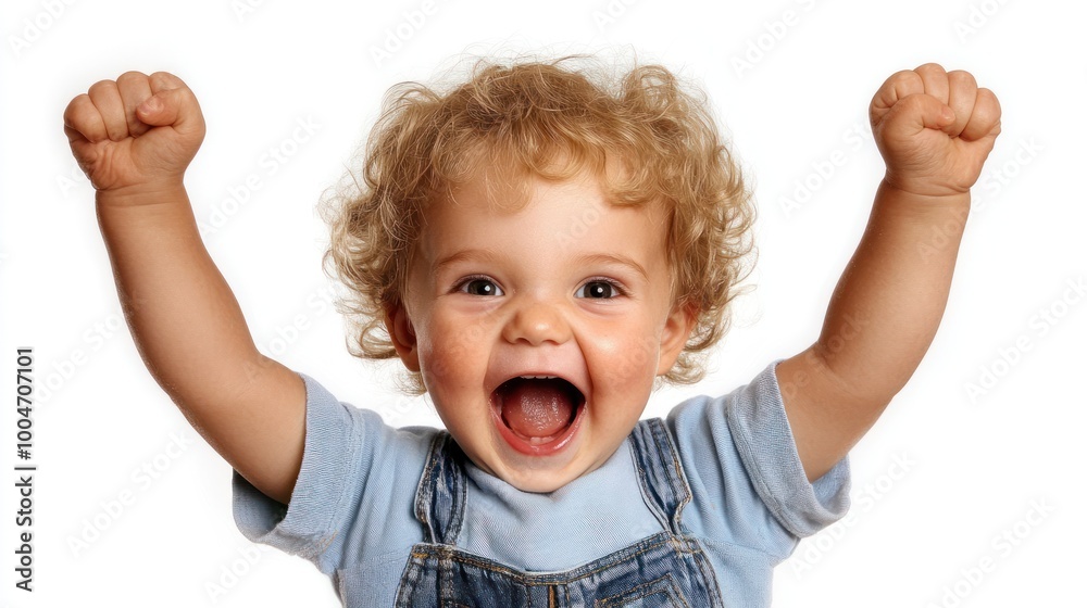 A small child expresses pure joy by raising their arms with excitement and smiling broadly, radiating happiness A small child expresses pure joy by raising their arms with excitement and smiling broadly, radiating happiness