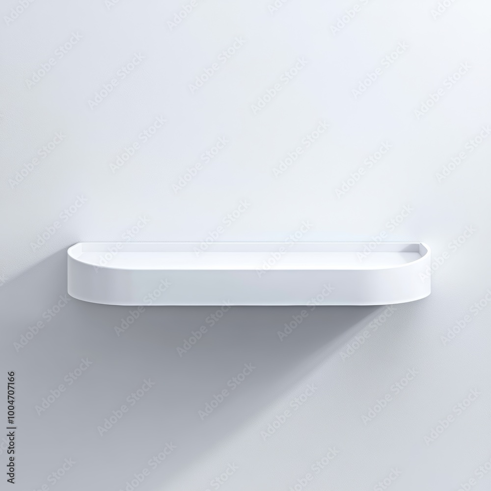 A floating white shelf with rounded corners, mounted on a light grey background with soft shadows for depth A floating white shelf with rounded corners, mounted on a light grey background with soft shadows for depth