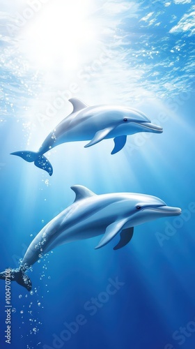 Two dolphins swim gracefully beneath clear blue water, showcasing their playful nature and elegance in the ocean environment.