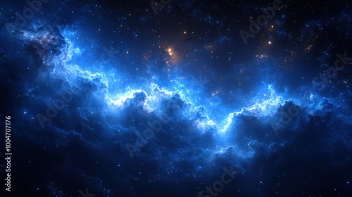 A breathtaking display of swirling blue gases and distant stars fills the night sky with cosmic beauty