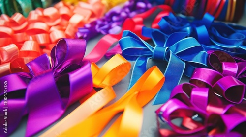 A vibrant collection of ribbons and bows in various colors is spread across a table, ready for use in crafting and decorating gifts during celebrations or events photo