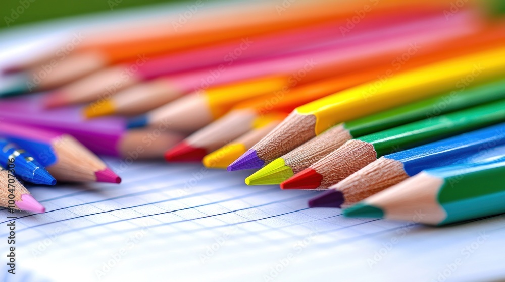 A vibrant array of colored pencils sits next to a lined notebook, ready for drawing or creative projects