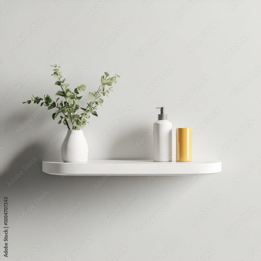 A floating white shelf with rounded corners, mounted on a light grey background with soft shadows for depth A floating white shelf with rounded corners, mounted on a light grey background with soft shadows for depth