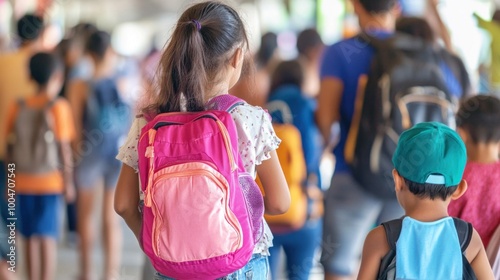 A group of children heads to school in the morning sunshine, wearing colorful backpacks while chatting and enjoying their walk in a lively urban environment