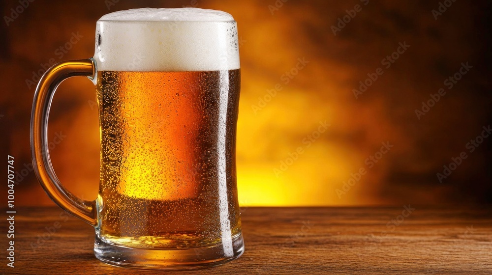 A chilled glass of golden beer sits on a rustic wooden table, its frothy top glistening under soft, warm lighting, creating an inviting atmosphere perfect for relaxation A chilled glass of golden beer sits on a rustic wooden table, its frothy top glistening under soft, warm lighting, creating an inviting atmosphere perfect for relaxation