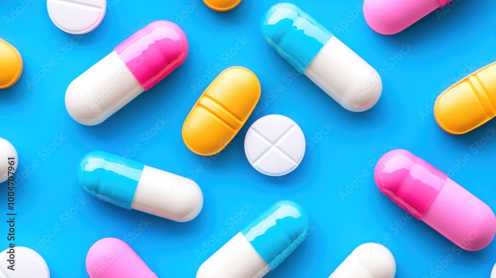 Various capsules and tablets in bright colors are scattered across a vivid blue background, showcasing diverse shapes and sizes of pharmaceutical products Various capsules and tablets in bright colors are scattered across a vivid blue background, showcasing diverse shapes and sizes of pharmaceutical products
