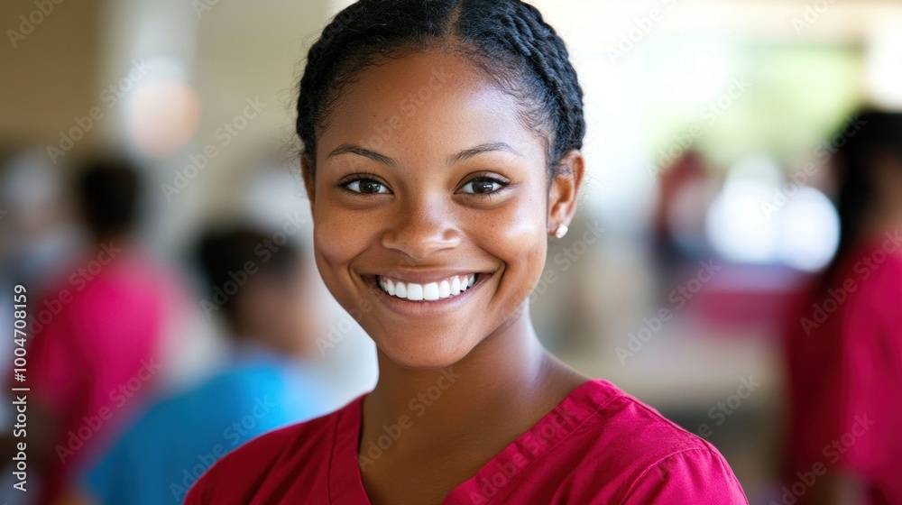 A healthcare worker in bright scrubs smiles warmly at the camera within a busy hospital setting, exuding friendliness and professionalism while interacting with patients and colleagues A healthcare worker in bright scrubs smiles warmly at the camera within a busy hospital setting, exuding friendliness and professionalism while interacting with patients and colleagues